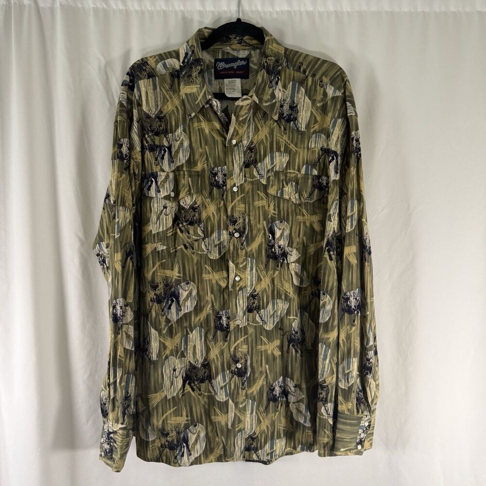 Wrangler Western Pearl Snap Men's XL Green Bull Print Long Sleeve Pockets
